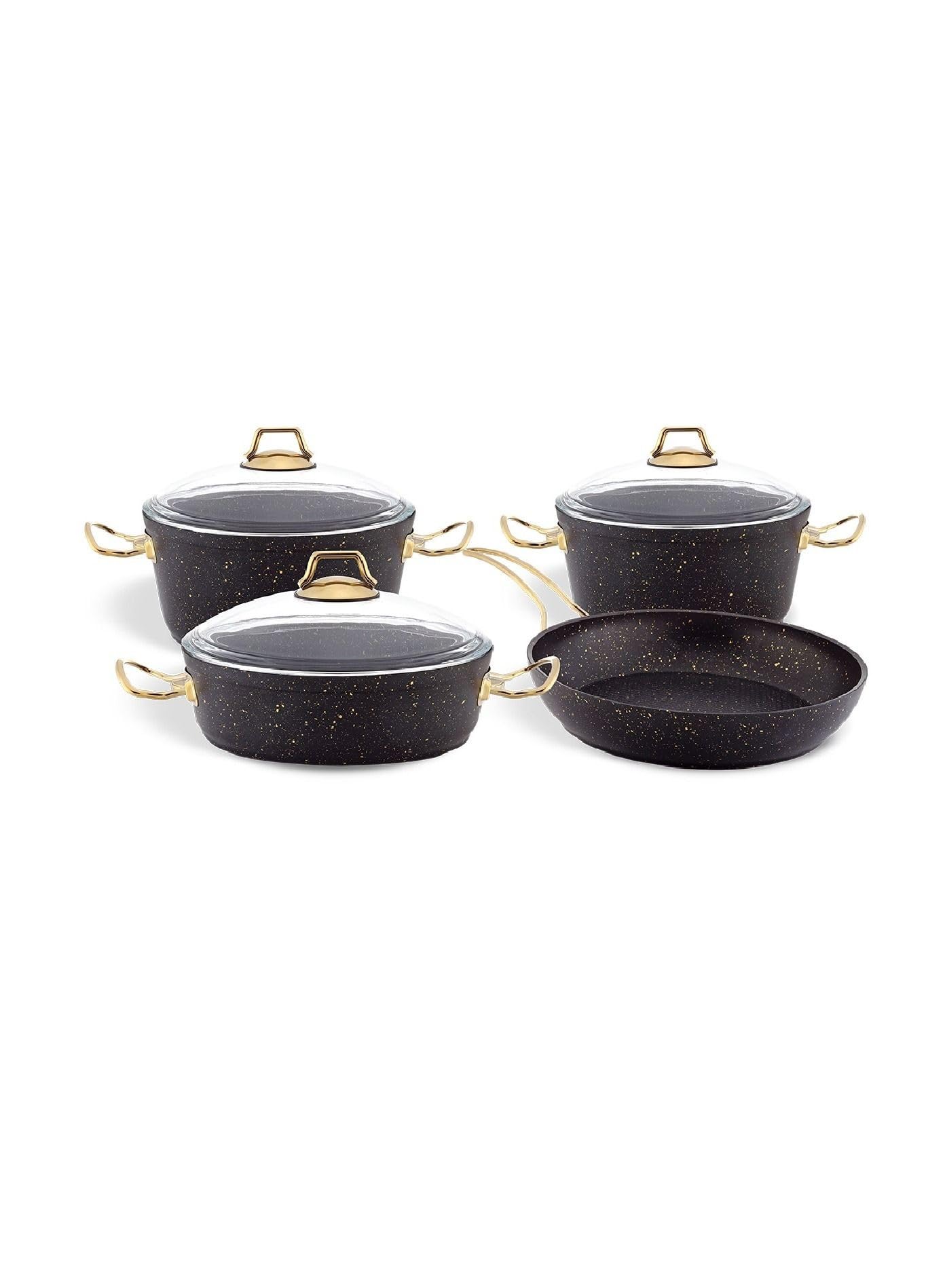 Home Maker Granitec Cookware 7-Pieces Set with Glass Lid, Black Gold