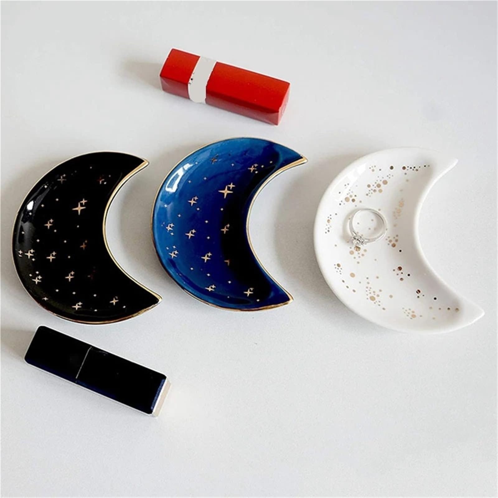 Schmuckschale 3 stücke Keramik Mond Form Kleine Schmuck Gericht Ohrringe Halskette Ring Lagerung Platten Obst Dessert Display Schüssel Dekoration Tablett(Blue)