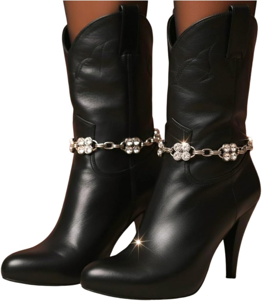 TrendyFashionJewelry Women’s Western Boot Chain Bracelet Pair – Silver Rhinestone Flower Anklets, Adjustable 11–15 In – Bling Boot Jewelry, Handmade In USA – BC77
