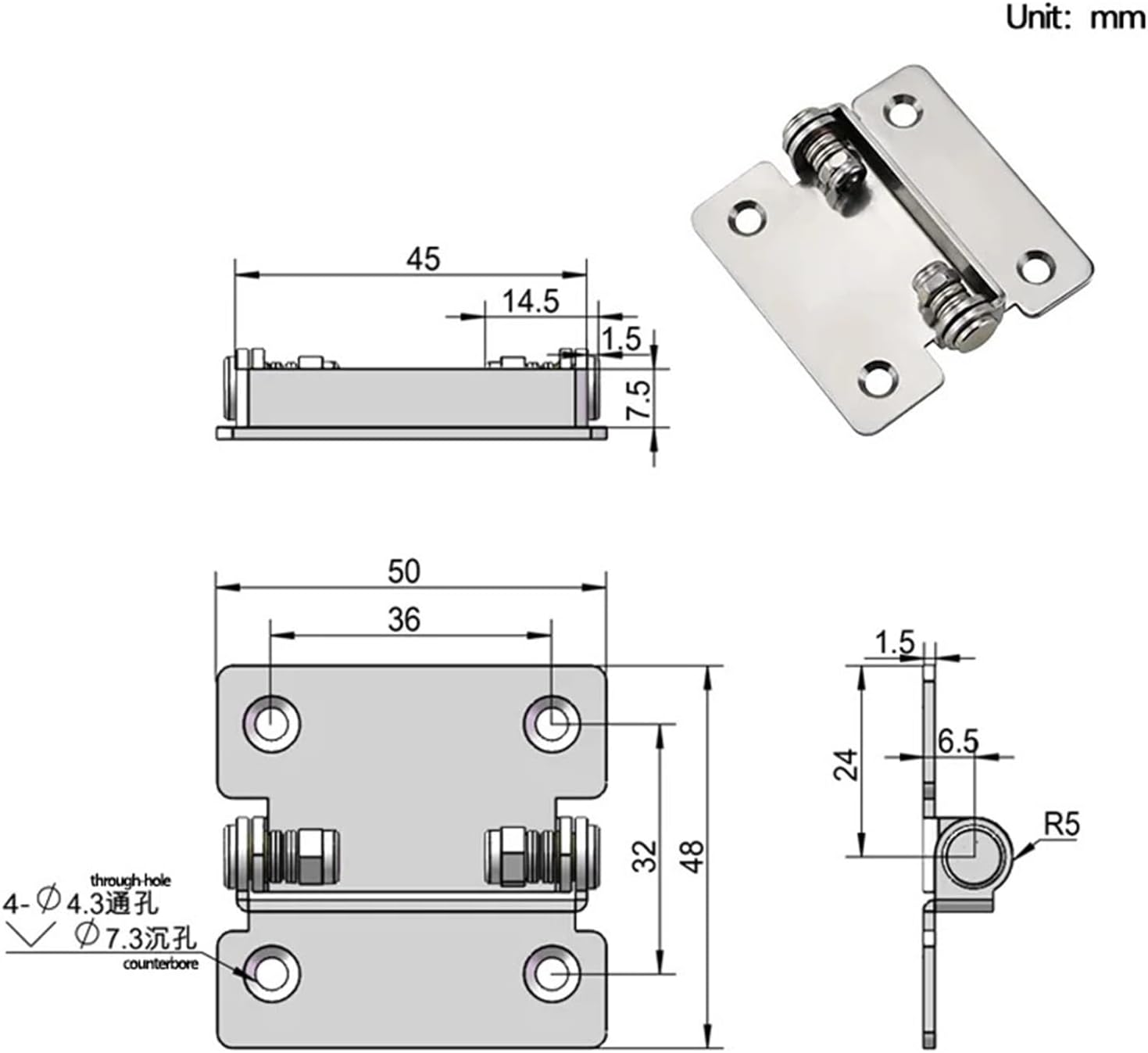 Stainless Steel Free-Rotating Stoppable 180-Degree Hinges with Torque Damping Axis 1Pcs