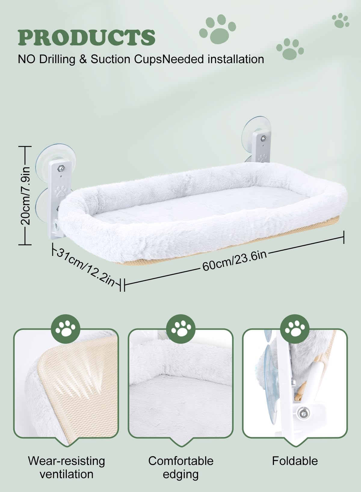 هوماركت سرير ارجوحة للقطط قابل للطي بدون اسلاك مع 4 اكواب شفط قوية واطار معدني صلب مخملي ناعم (نوع ايه، 30 × 52 سم)