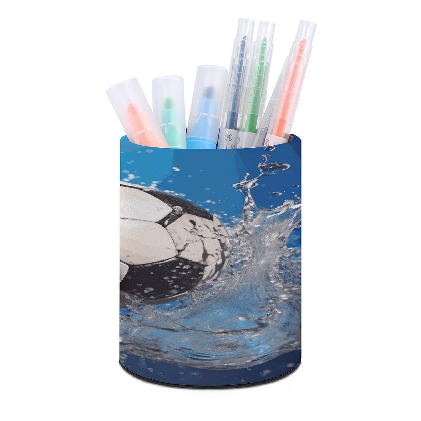 FekiLoot Round Leather Pen Holder - Multipurpose Desk Organizer, Modern Pencil Cup, Soccer Ball Water Pencil Holder, Unique Makeup Brush Holders for Office Home Supplies & Gifts