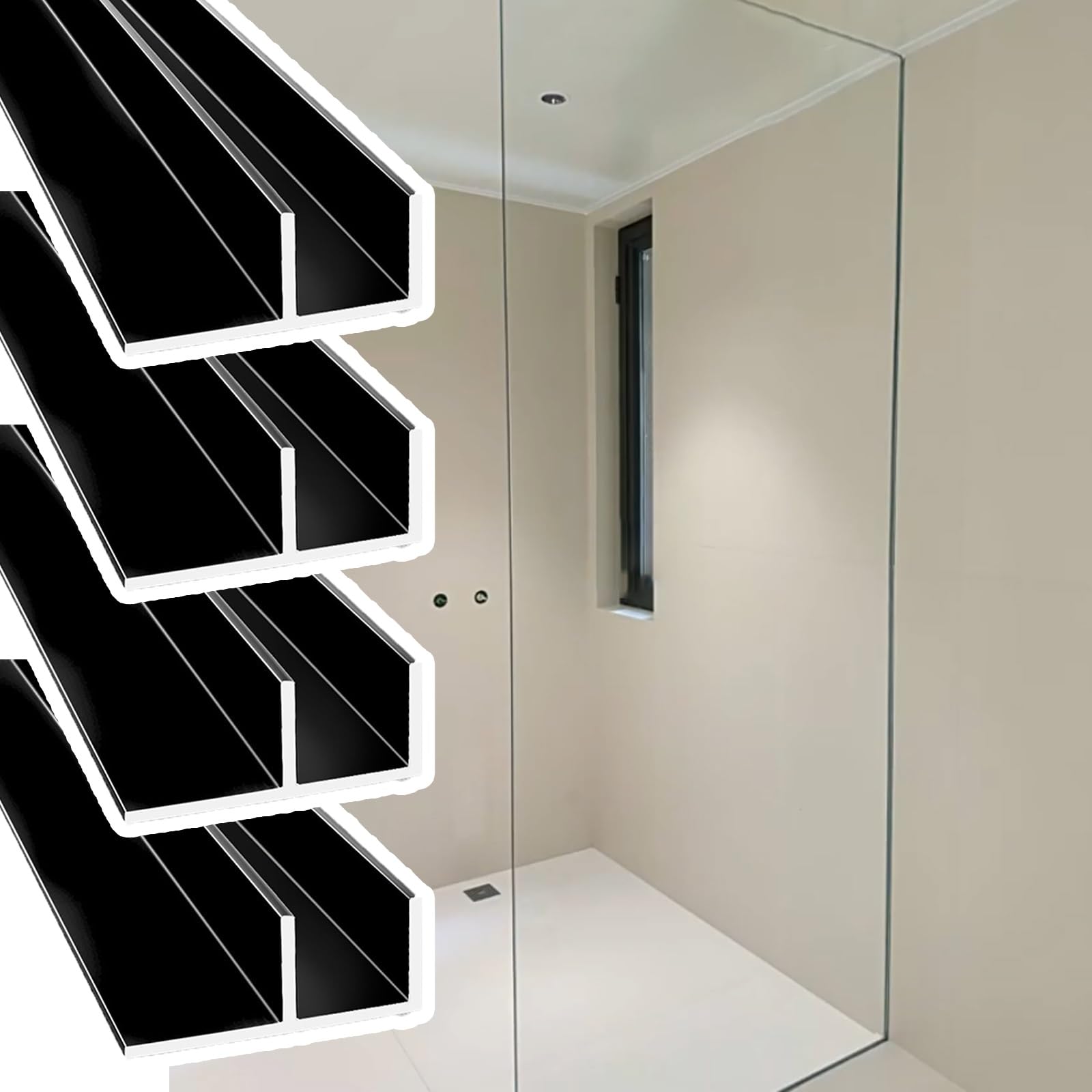 Djphofs 4Pcs Waterproof Hidden Glass F-Channel Profile, Metal F Shaped Groove Glass Matte Black Bathroom, Multi-Purpose Shower Door Bottom Guide F-Channel(,L1.5m(59In) W13.2mm(0.52In))