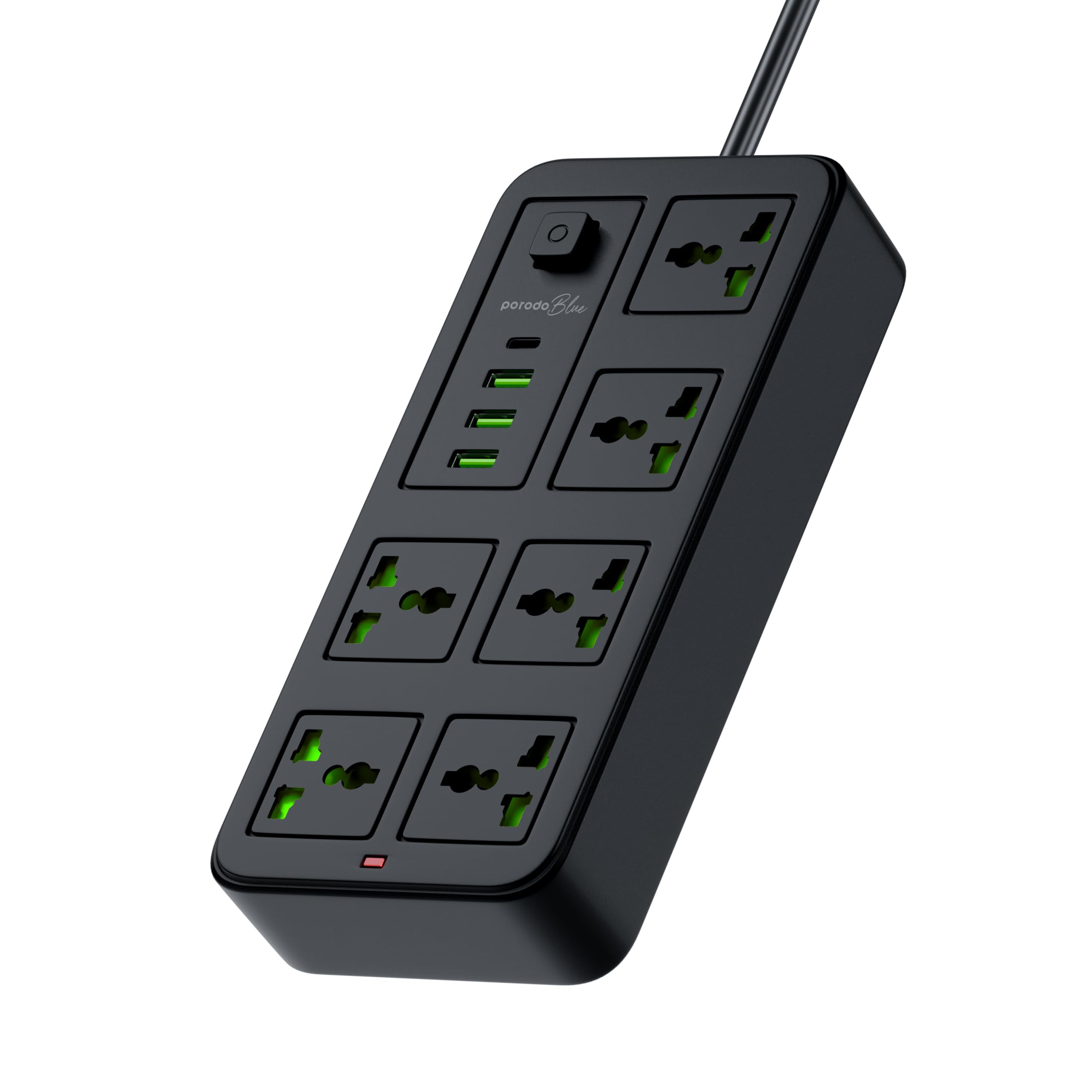 Porodo Blue 6 Universal Sockets Power Strip, 3xUSB-A & 1xUSB-C Extension Lead, Multi Plug Outlet Extender, 3-Pin UK Plug Electric Extension Board, 3m Cable, 220-250V Rated Voltage & 2000w Rated Power