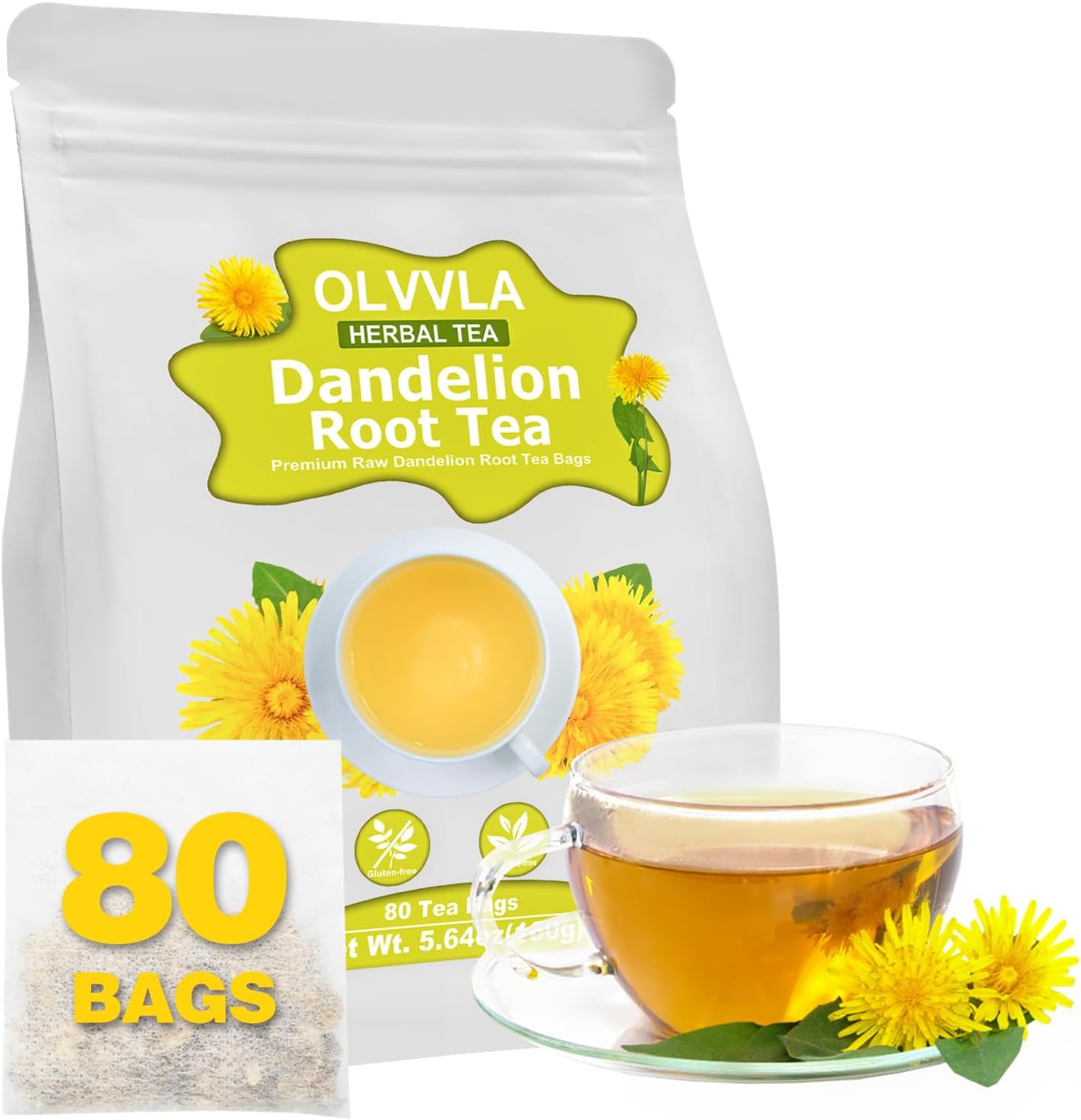 Olvvla - Dandelion Root Tea Bags - 2g X 80 Count - Premium Raw Dandelion Root Tea - Caffeine-free - Non-GMO - Natural Dandelion Tea