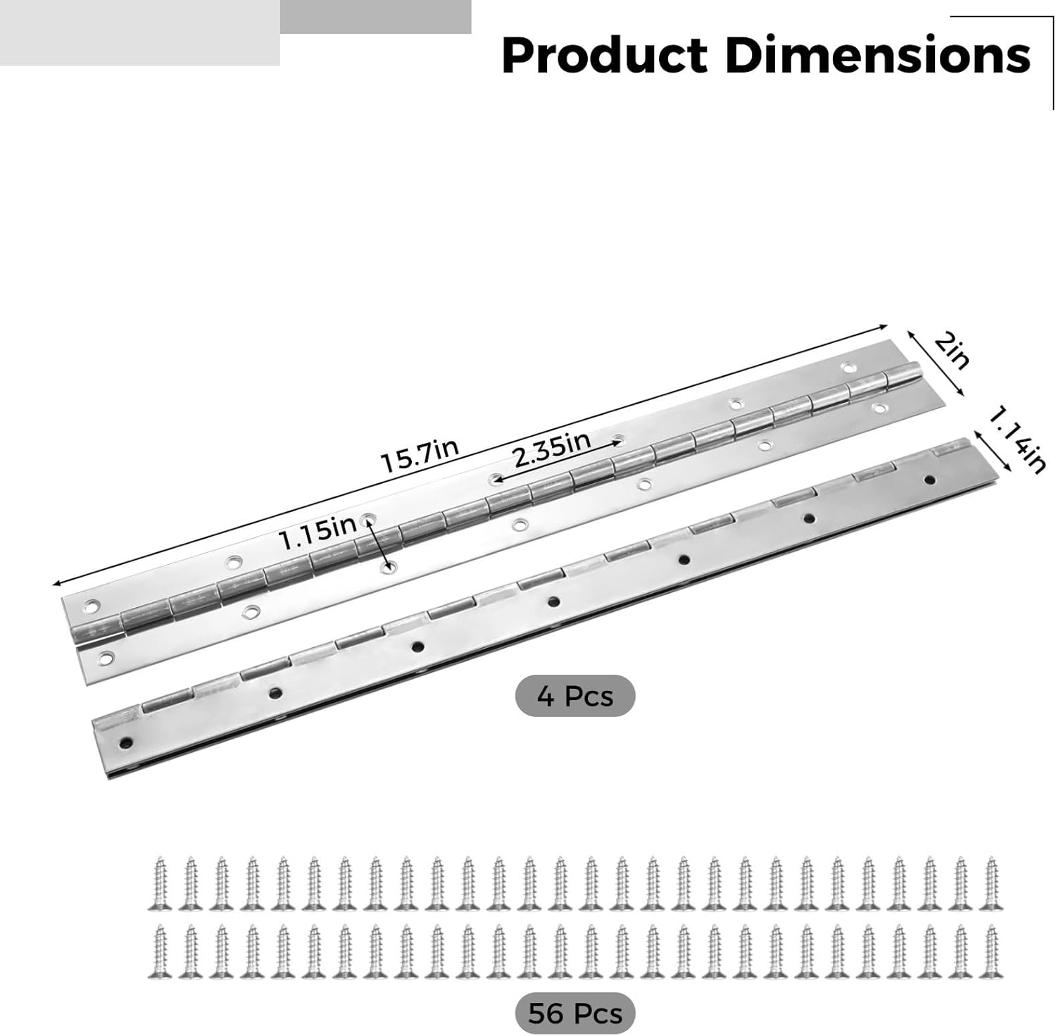 Stainless Steel Piano Boat Hinges, 15.7×2 Continuous Boat Hinges for Wood Boxes, 0.06 Thickness, 4 Pcs Long Hinges with Holes & Screws for Doors, Cabinets, DIY