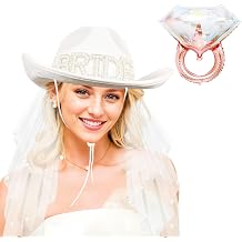 Bride Cowgirl Hat with Veil and Diamond Ring Balloon, 2 Pieces White Cowboy Hat for Women Bachelorette Party Bride to Be Accessories Country Wedding, Bridal Shower