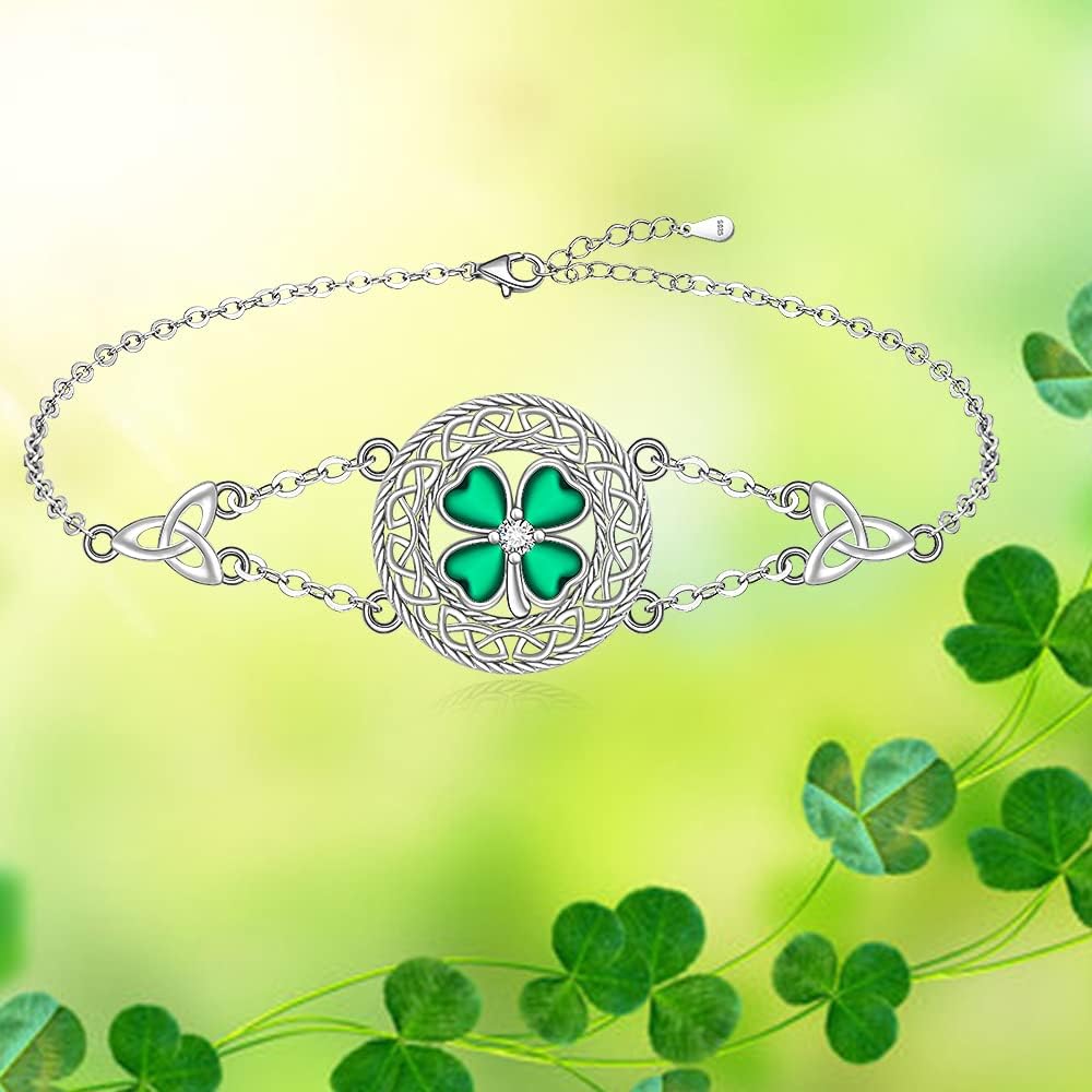 Shamrock Four Leaf Clover Bracelet for Women St Patricks Day Bracelet Sterling Silver Celtic Knot Irish Green 4 Leaf Clover Shamrock Bracelets Jewelry Charm Good Luck Gifts - Image 3