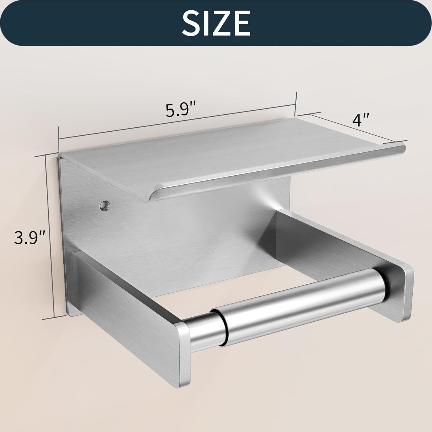 Bethom Toilet Paper Holder with Shelf, Toilet Paper Holder Wall Mount Adhesive for Bathroom Washroom RV with Spring Rod, Brushed Nickel