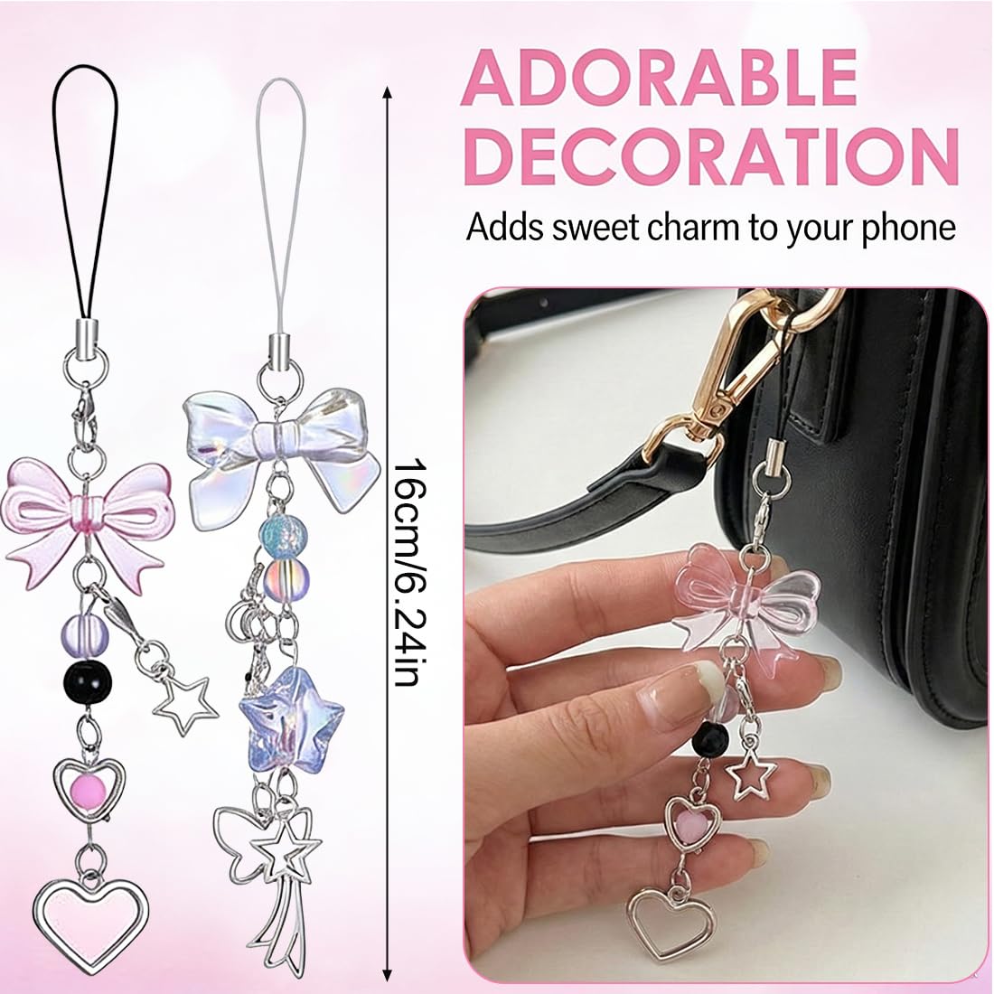 Lot de 2 Bijoux de Téléphone Y2K Esthétique Phone Charm Papillon Cœur Étoile pour Filles