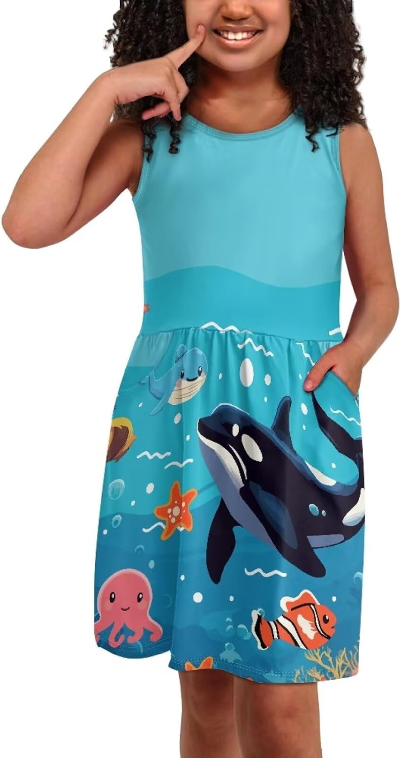 Dress for Toddle Girls 2-14T Sleeveless Crew Neck Sun Dress Midi Sundresses with Pockets Holiday Party Playwear