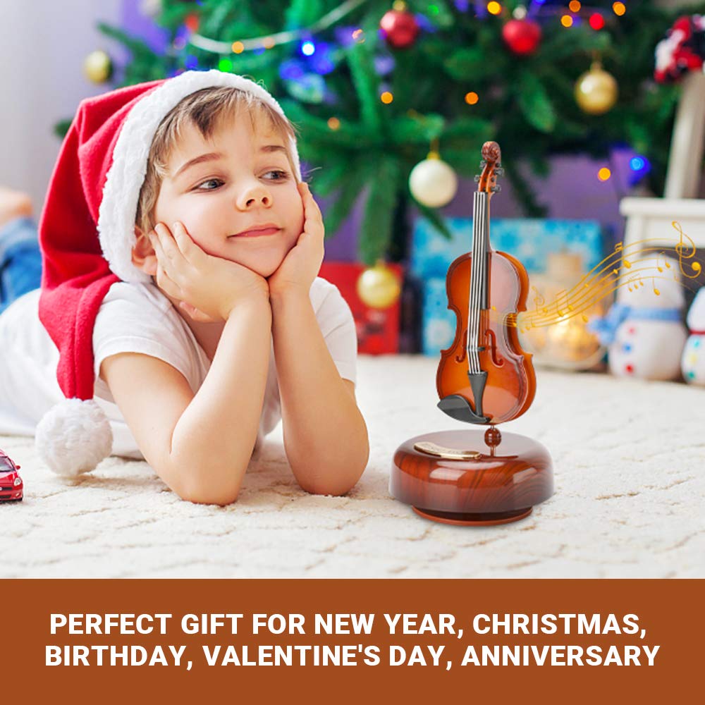 WIOR Violin Music Box, Creative Music Box Violin with Rotating Musical Base, Classical Music Box Mini Replica Instrument Crafts, Great Gift for Boys Girls Birthday Christmas New Year