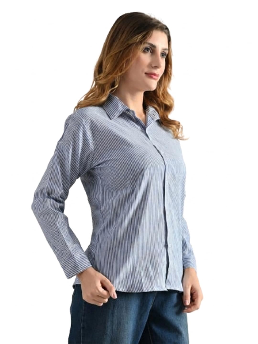 owl mink Women’s Blue Cotton Striped Shirt – Regular Fit, Full Sleeve, Collared Formal Shirt for Office, Casual-picture-15