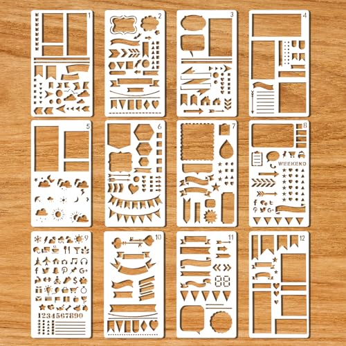 Yuomeaz 12Pcs Journal Stencil Set, Planner Stencils, Planner Drawing Templates for Scrapbooking, Chart, Painting, Journaling Supplies
