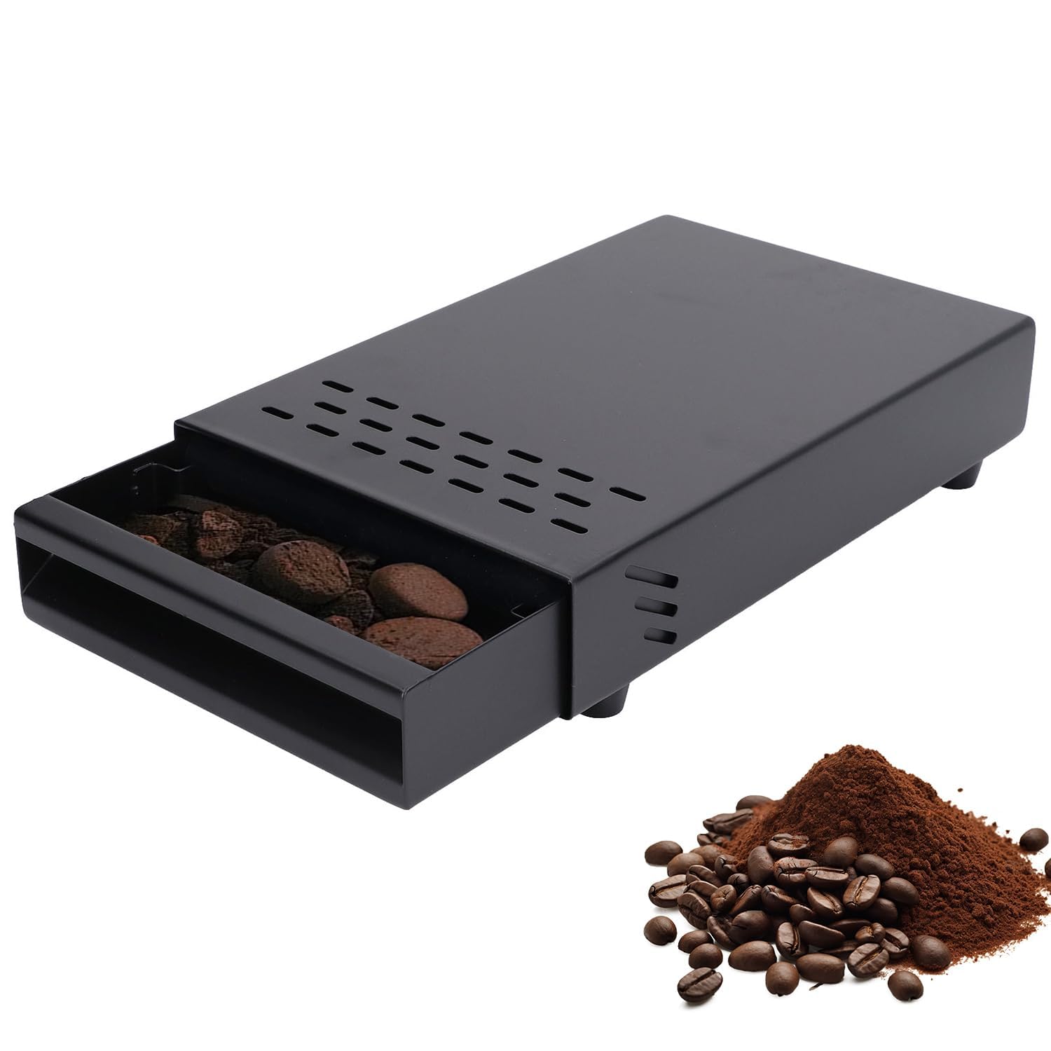 Cajón de Caja de Café, Caja para Posos de Café de Inoxidable con Palo de Golpe Contenedor de Posos de Espresso para el Hogar Oficina Restaurante Cafetería (Negro)