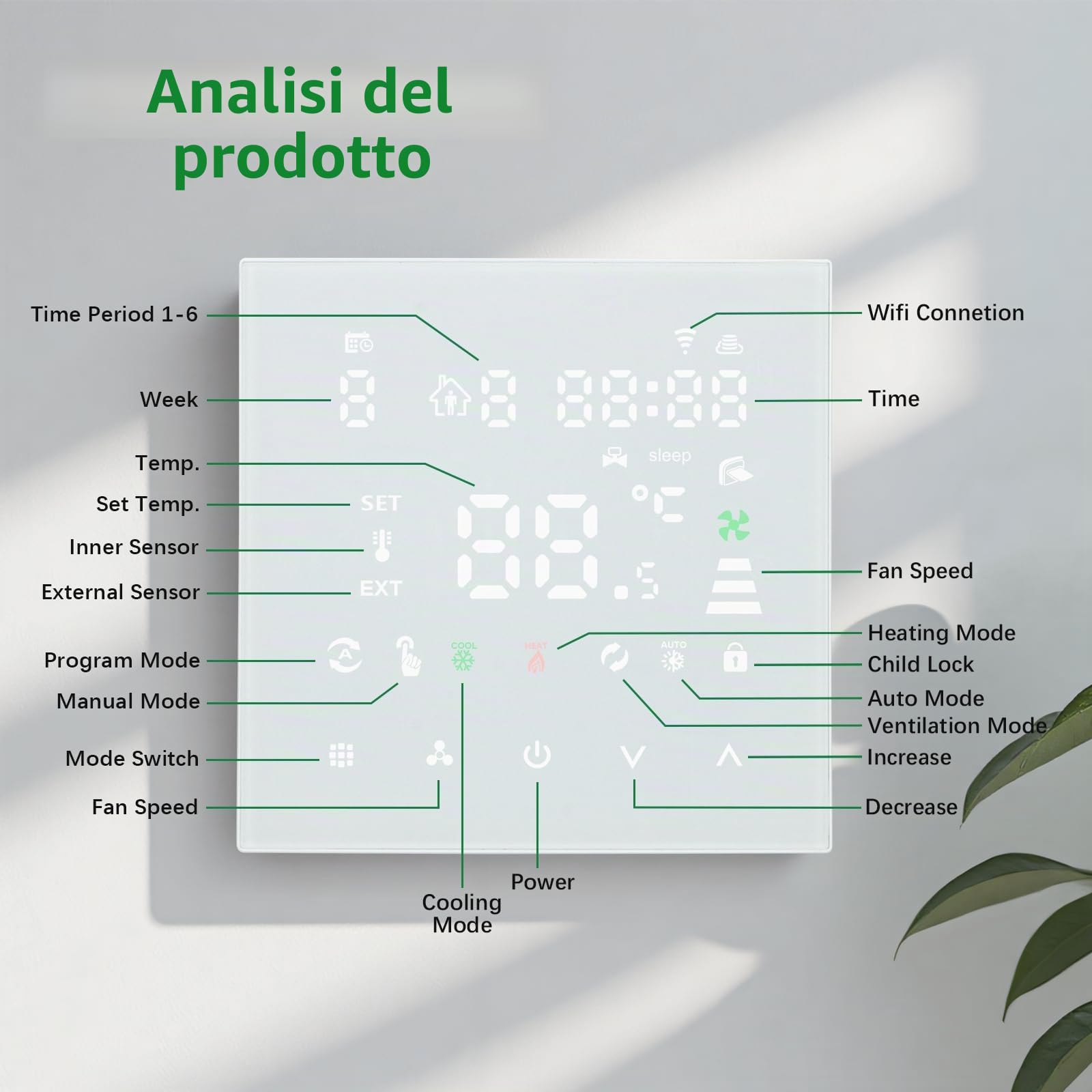 Wengart Termostato Fan Coil WiFi WG607AC, AC230V Max3A 2.4GHz Wi-Fi APP TUYA Quattro Tubi per Aria Condizionata, Compatibile con Alexa Echo/Google Home, Bianco