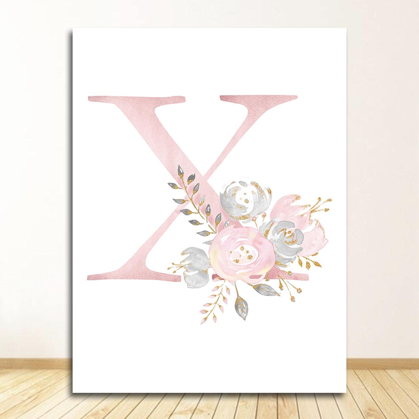 Carteles de letra X en inglés rosa con diseño de nombre de bebé, pintura personalizada, imágenes de flores, impresiones personalizadas, decoración de pared para habitación de niñas, 50 x 70 cm, sin