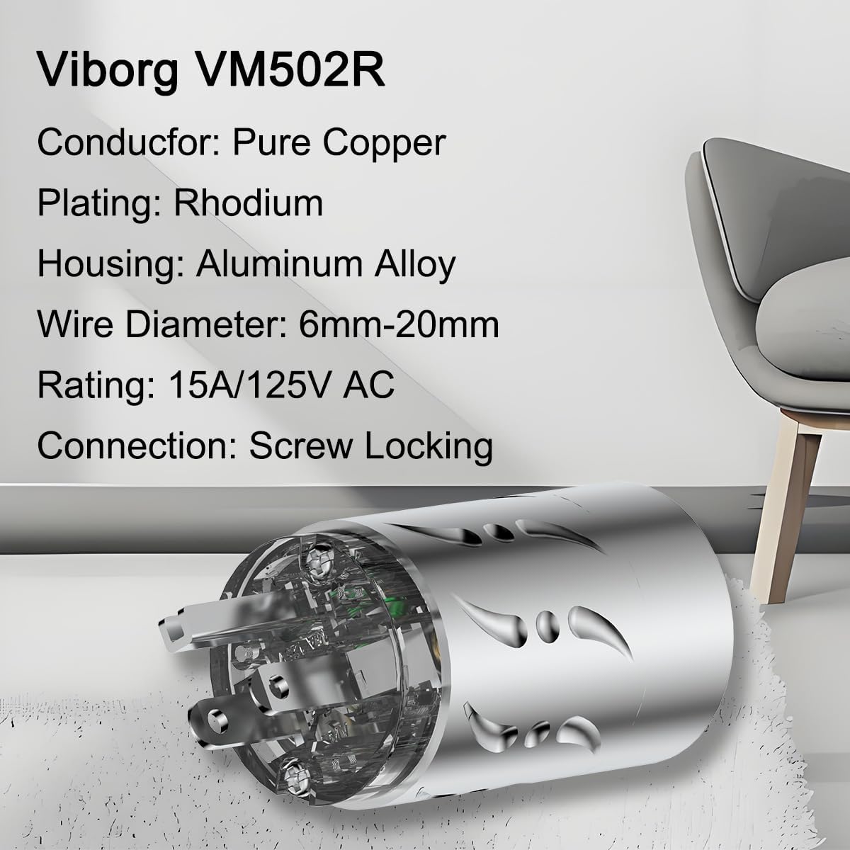 Viborg HiFi Power Plug Set 15A 125V Non-Magnetic AC Plug & IEC C15 Connector Rhodium-Plated Pure Copper VM512R+VF512G for Audiophile DIY Audio Power Cables