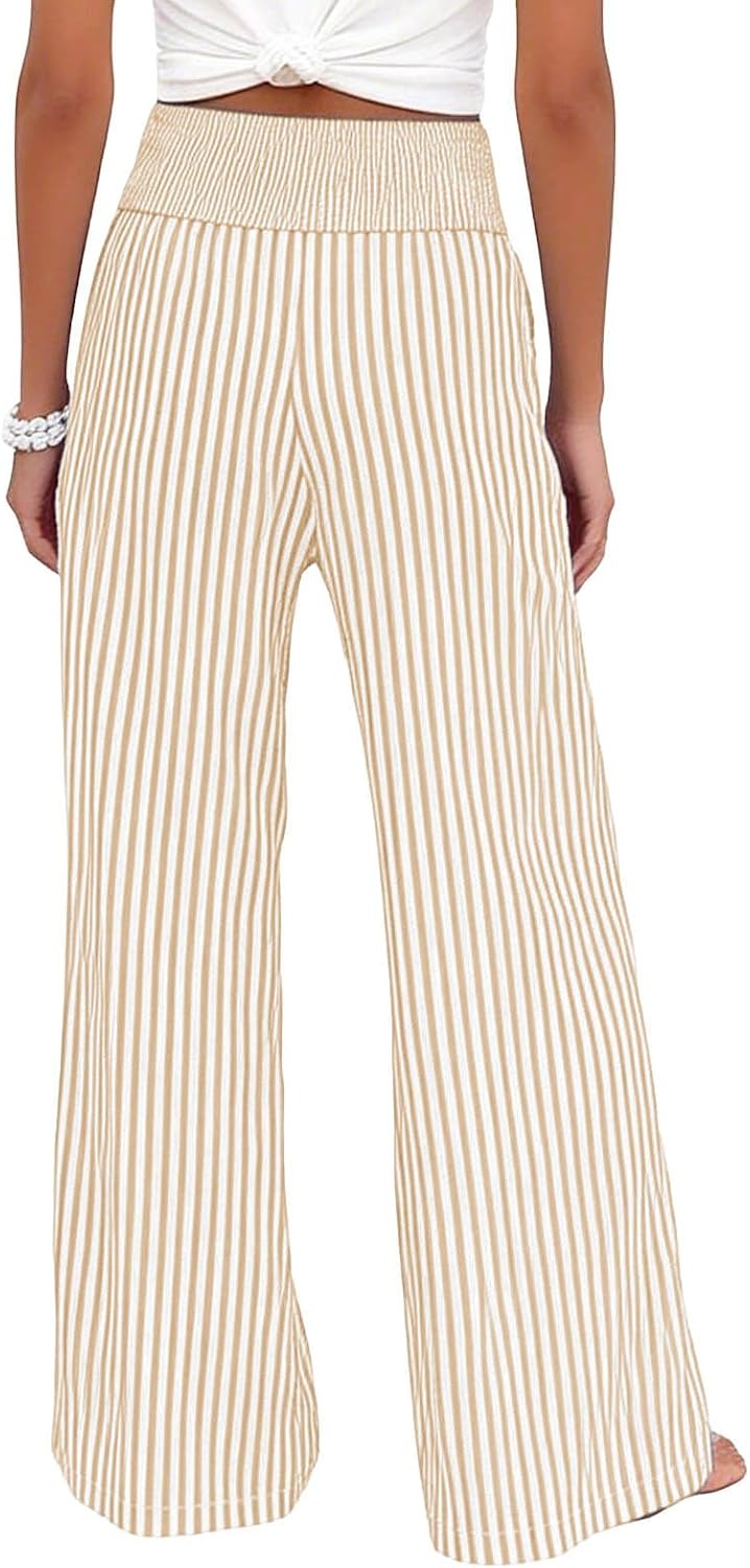 Womens High Waist Striped Palazzo Pants Wide Leg Lounge Pant with Pockets Cute Casual Flowy Trousers