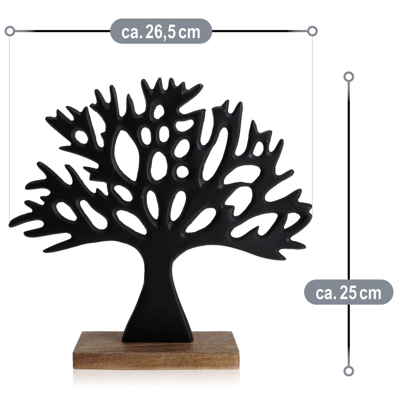com-four® Supporto Decorativo per Albero - Albero in Metallo su Base in Legno di Mango - Albero Decorativo in Metallo da Tenere in Piedi - Albero della Vita da Regalare (Nero - Albero)
