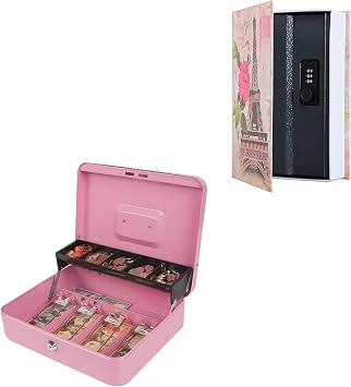KYODOLED Locking Cash Box with Lock,Money Box with Cash Tray,Lock Safe Box with Key,Money Saving Organizer,11.81Lx 9.45Wx 3.54H Inches,Pink XL Large