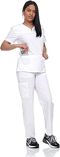 Scrub Set Top and Pants with 4 Pockets Stretch Fabric Lightweight Nurse Uniform Set for Home Attendant