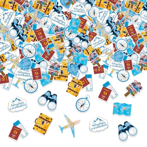Lot de 100 confettis de voyage 5 cm, bleu et blanc avec avion/lugga/globe - Décoration à disperser pour fête à thème voyage et aventure, fête,...