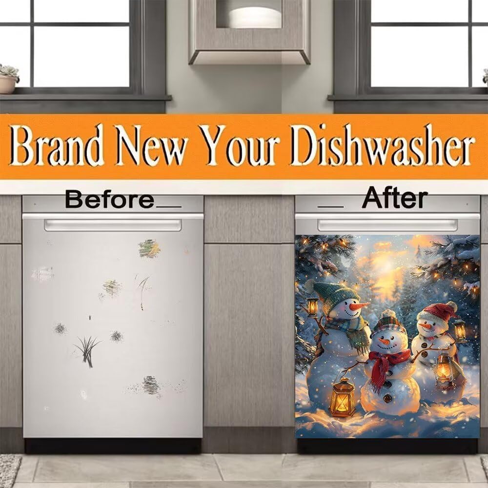 Winter Snowman Wallpaper Magnetic Dishwasher Cover Sticker,Refrigerator Front Panel,Kitchen Decorative Refrigerator Magnet Cover Paintings Decor,23 x 26inchs