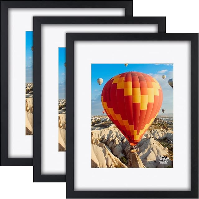 RR ROUND RICH DESIGN 11x14 inch Picture Frames Made of Solid Wood and HD Glass Display Photos 8x10 with Mat or 11x14 Without Mat 3PK Black