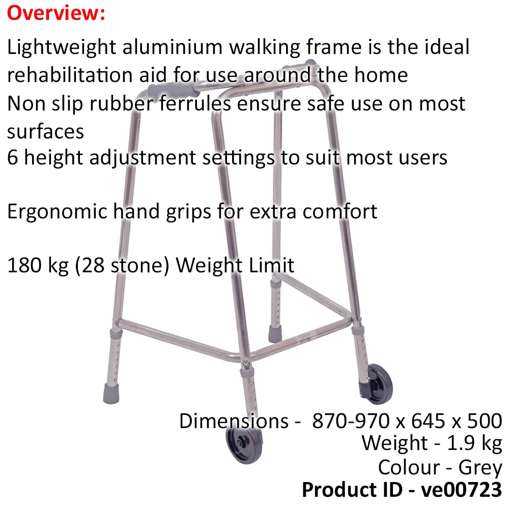 Lekka aluminiowa rama do chodzenia z kółkami, wysokość 870-970 mm, duża - antypoślizgowe gumowe tulejki, pomoc w rehabilitacji, ergonomiczne uchwyty, 180 kg, limit wagowy