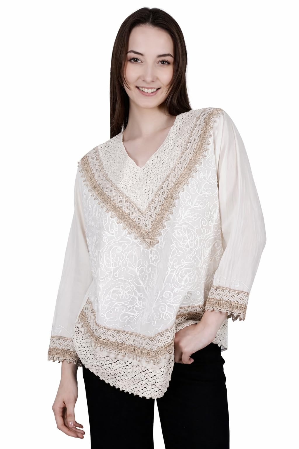 mystify Women's Embroidered Top, White, V-Neck, Lace Trim Detail, 3/4 Sleeves-picture-21