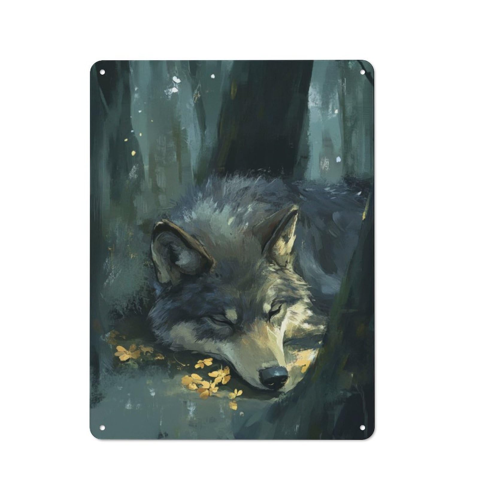 Junmoney Sleeping Wolf In Forest Metal Sign 40X30cm With For Garage Wall, Vintage Decor, Winter Wall Decor For People Furnishing A Garage