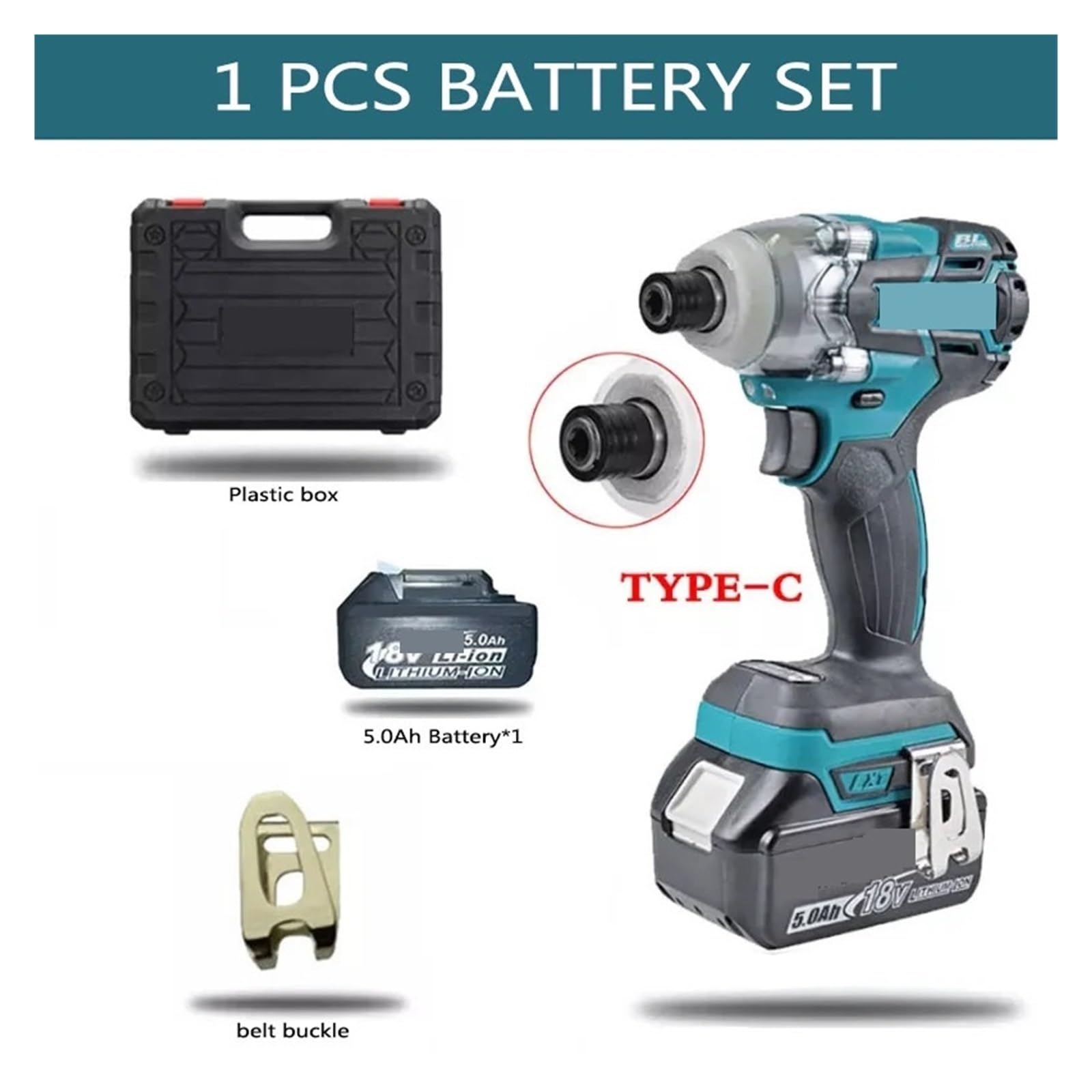 Llave de Impacto Llave De Impacto Eléctrica Sin Escobillas De Alto Torque, 520N.m, 1/2 Y 1/4 De Pulgada, Compatible con Batería De 18V(Type C Toolbox Set)