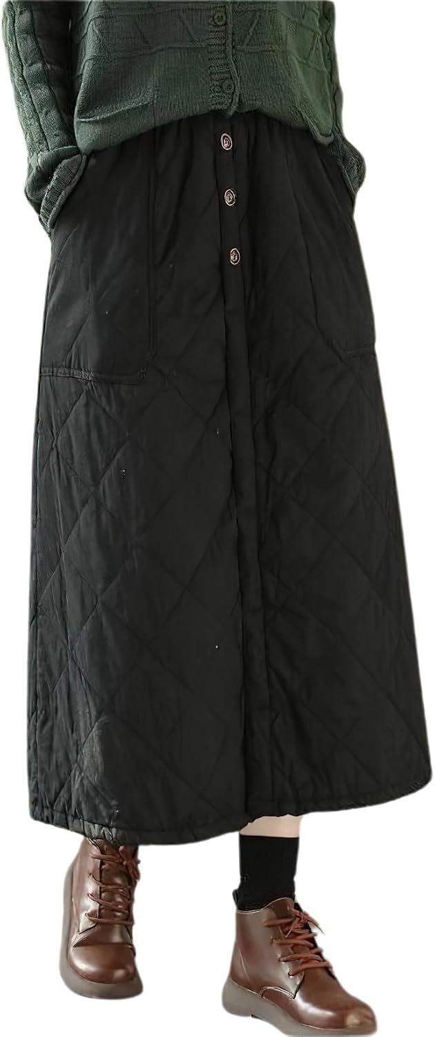 chouyatou Womens Winter Elastic Waist Padded A-Line Quilted Midi Long Puffer Insulated Skirt with Pocket