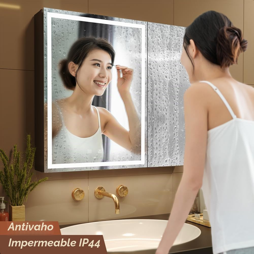 KWW LED Ilumina el Botiquín del Baño, con Espejo, Temperatura de Color Ajustable, luz Antiniebla, Enchufe y USB, Botiquín Montado en La Pared (2 puertas-75×70)