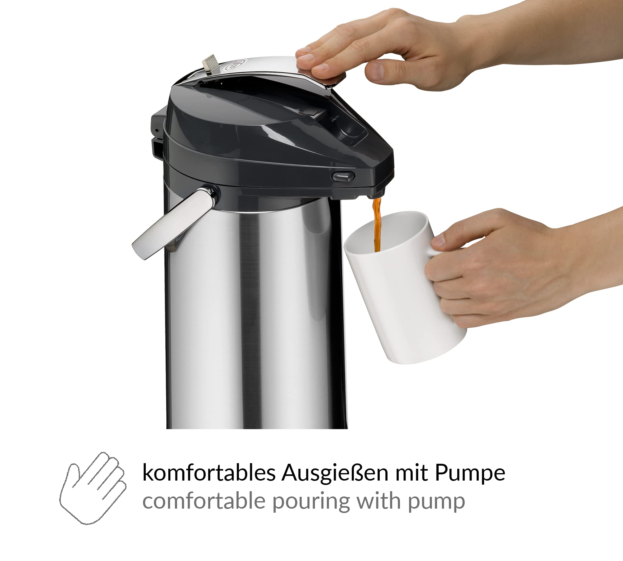 alfi GETRÄNKESPENDER 3 Liter, Pumpkanne aus poliertem Edelstahl mit Hartglaseinsatz, integrierte Pumpe, hält 12 Stunden warm, 24 Stunden kalt, für 24 Tassen, 360° drehbarer Boden, ideal für Catering
