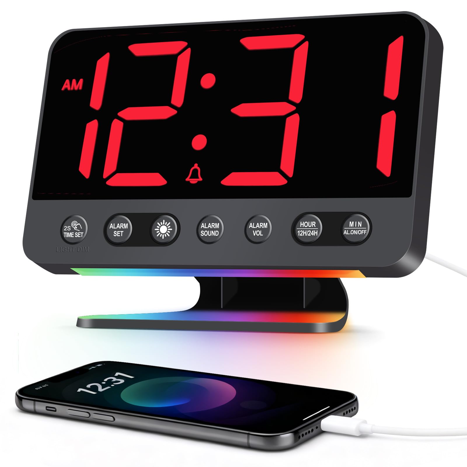 Venchin Wecker Digital: Lauter Wecker für Tiefschläfer 110dB, 8 RGB-licht USB-Ladeanschluss Schlummer Nachttisch 5 Naturgeräuschen 6 Helligkeit 4 Lautstärke 12H/24H, Große Zahlen LED Tischuhr Kinder