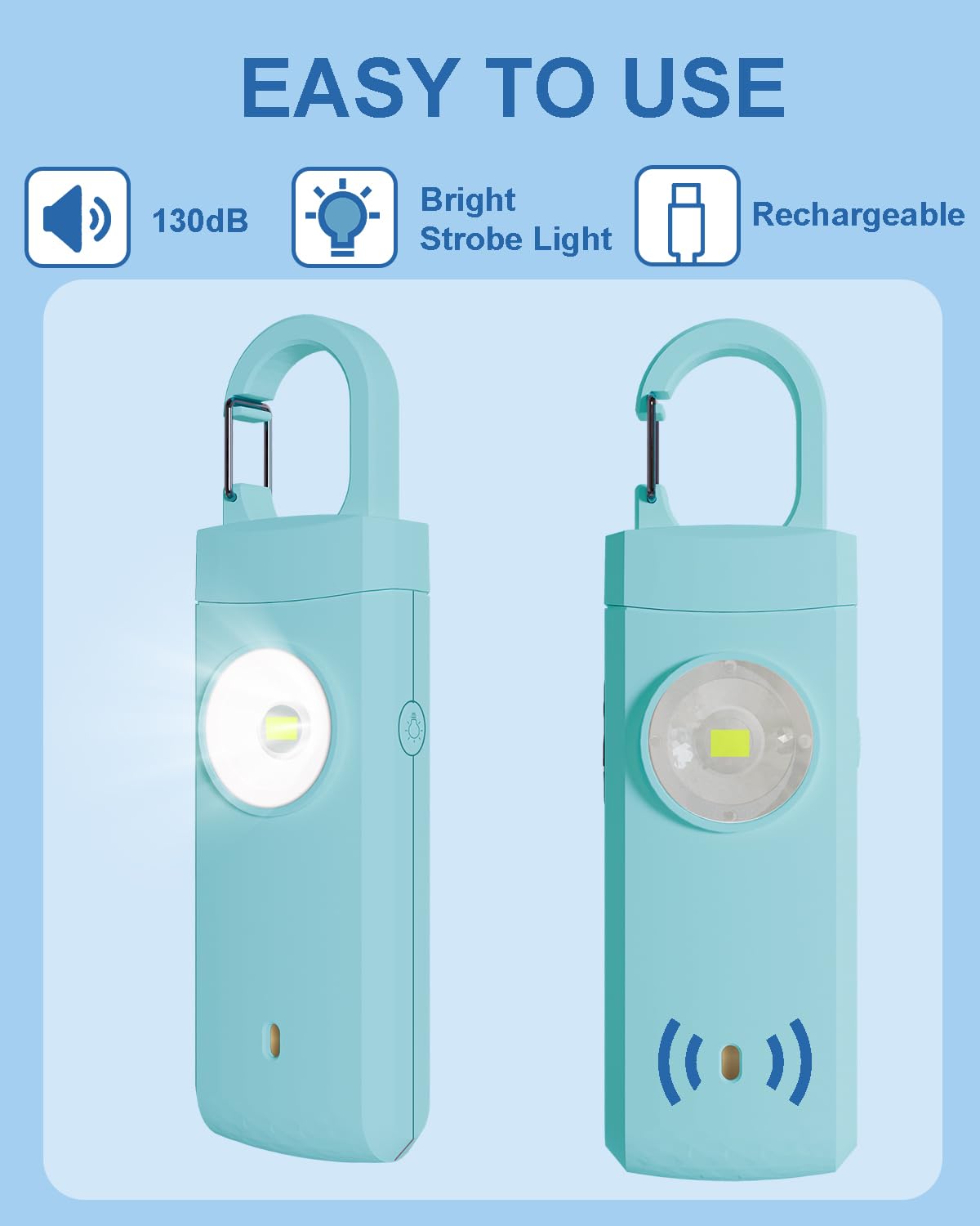Alarme de sécurité personnelle rechargeable pour femme, sirène bruyante, lumière stroboscopique SOS LED, chargement USB, soyez en sécurité avec alarme personnelle porte-clés pour femme,