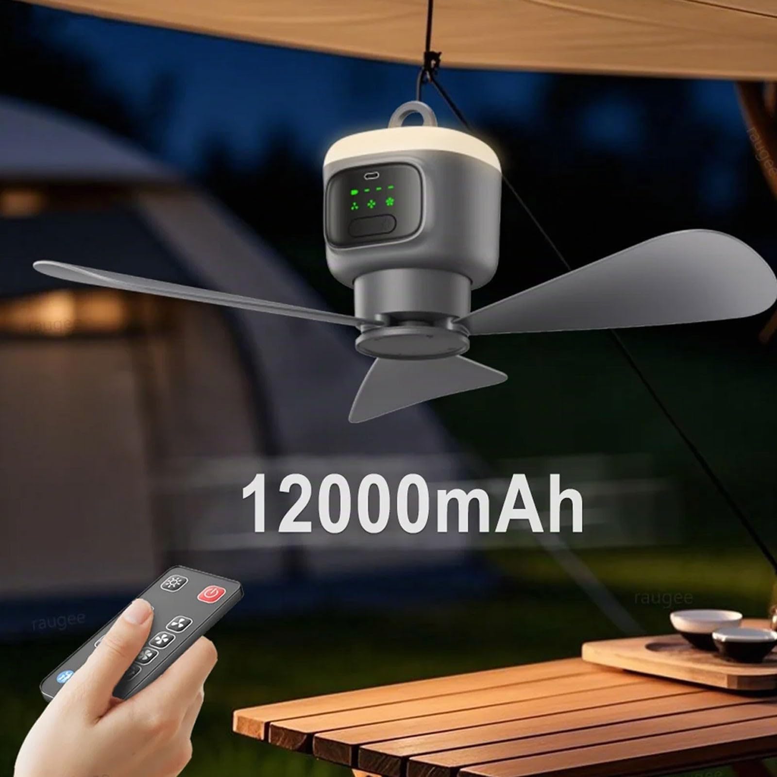 Ventilateur de plafond portable sans fil 12 000 mAh pour camping, dortoir, maison, 4 vitesses, 3 réglages de minuterie, fonctionnement silencieux, télécommande infrarouge