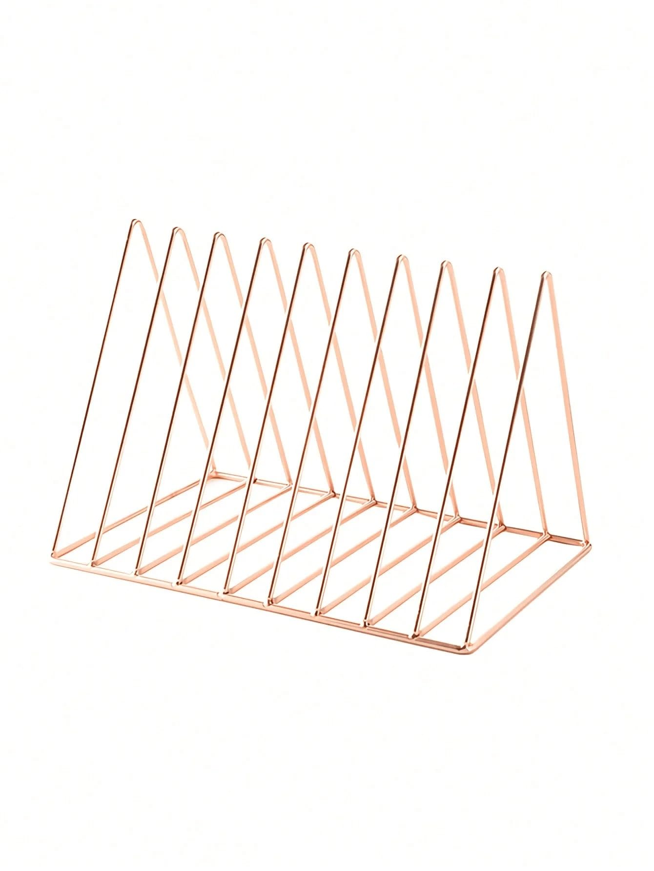 LOVSSU Newspaper Rack Gold Folder Organizer, Triangle Record Album Rack Magazine , 9 Slots Multifunctional Desktop Storage Decoration(RoseGold)