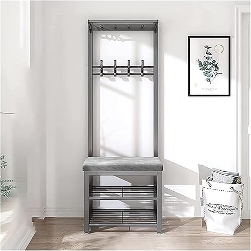 Banco de entrada con perchero, banco de almacenamiento 3 en 1, perchero con ganchos, zapatero, cojín de terciopelo, fácil de montar, negro, 24