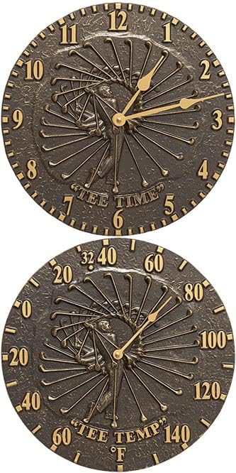 Whitehall Golfer Swing Wall Clock and Thermometer Set French Bronze 12 Inch Aluminum Indoor Outdoor Golf Decor Wall Clock with Dial Thermometer Patio Garden Wall Accent Made in USA