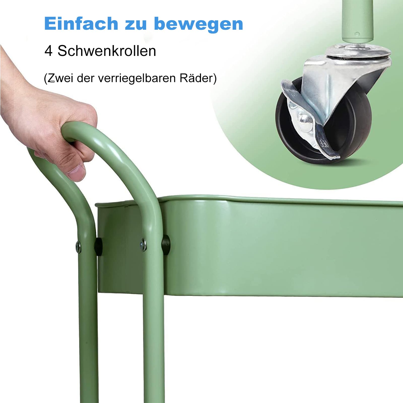 MISSLO Rollwagen mit 3 Ebenen, Metall Servierwagen mit Rollen und Griffen, 2 Bremsen Küchenwagen, Küchenregal für Badezimmer, Malutensilien, Schlafzimmer(Grün)