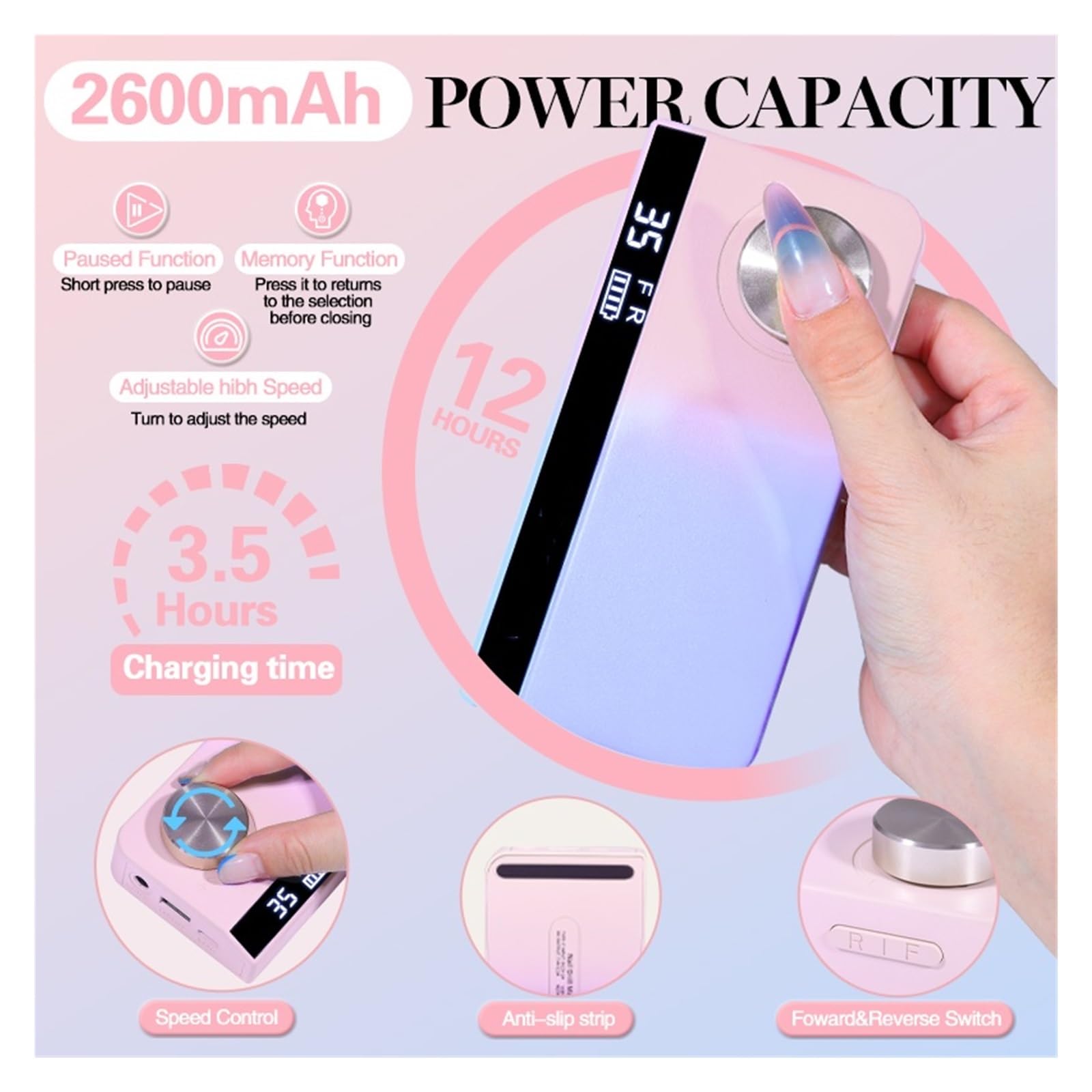 35000RPM akumulatorowa wiertarka do paznokci maszyna Manicure z trybem pauzy elektryczna szlifierka na żelowy lakier wyposażenie salonu