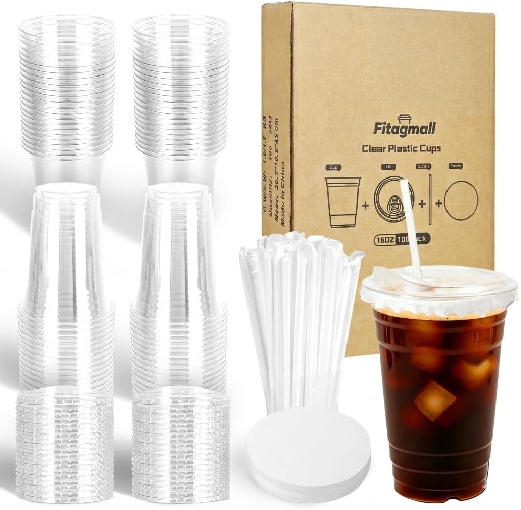 100 Packs 16oz Clear Plastic Cups with Lids, Straws, and Leak-Proof Paper - Complete To-Go Disposable Cup Kit for Iced Coffee, Smoothies,Cold Drinks & Boba Tea