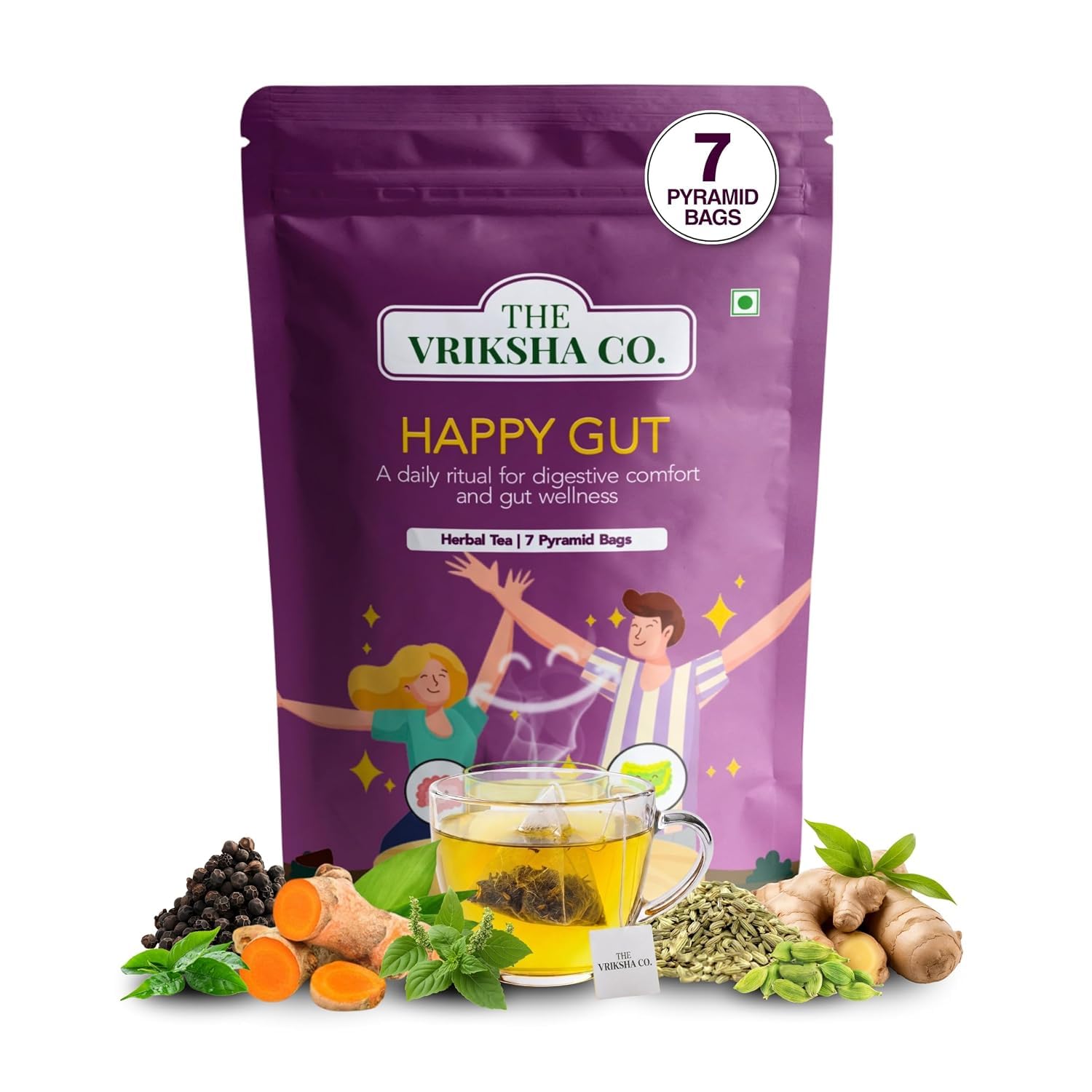 The Vriksha Co. Happy Gut Green Tea for Weight Loss, Gas, Heaviness, Bloating, Digestion, & Metabolism | Ashwagandha, Lemon Grass, Tulsi, Turmeric | 7 Plant-Based Pyramid Tea Bags (14g) | Herbal Tea | Trial Pack