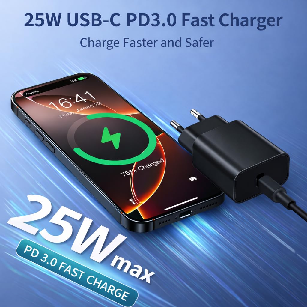 Caricatore Rapido USB-C 25W, Nero PD 3.0 Ricarica Rapida compatibile con iPhone 16/15/14/13/12, Galaxy S24/S23/S22/S21, Realme, iPad, Tablet Presa EU
