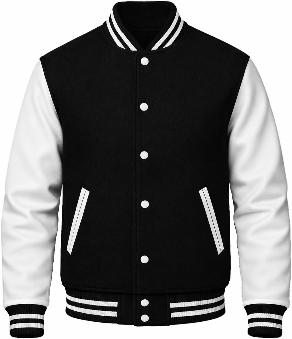 VearFit Men’s Varsity Jacket – Wool Body with Genuine Leather Sleeves Classic Letterman Baseball Bomber Jacket