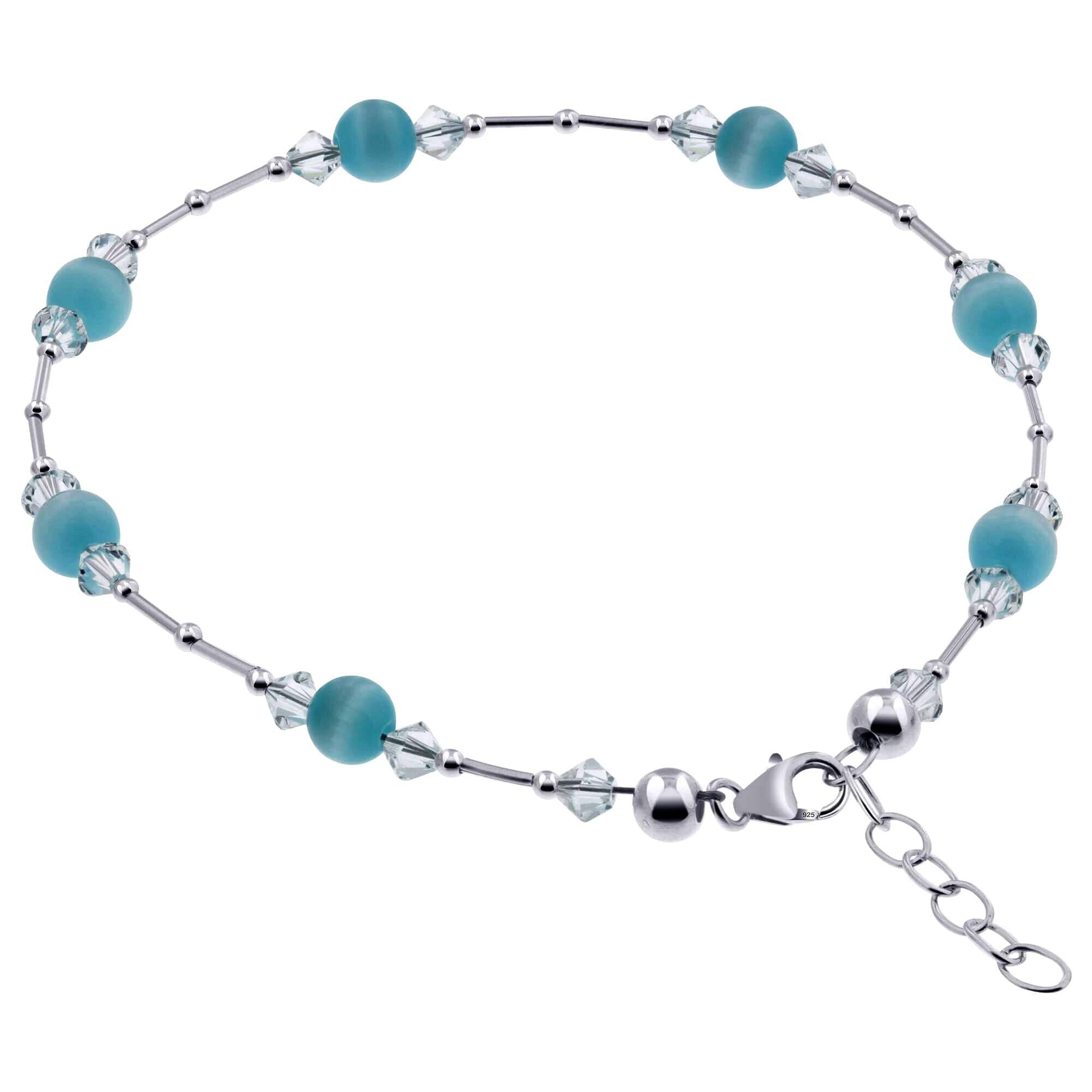 Gem Avenue .925 Silver Anklet 9 to 10.5 Inch with Cat's Eye and Austrian Crystal Blue