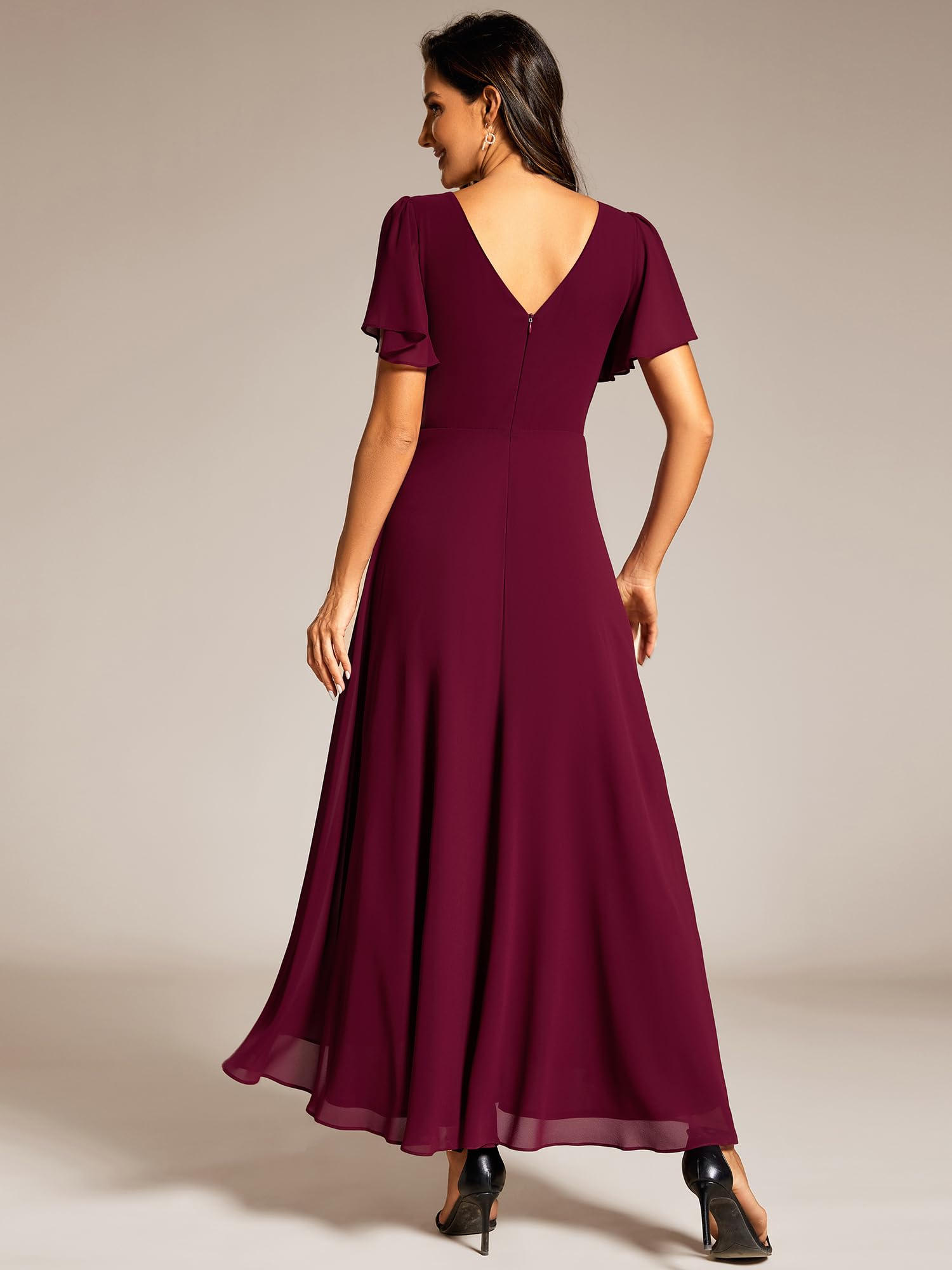 Ever-Pretty Vestido de Noche para Mujer Largo Gasa Mangas con Volantes Cuello en V para Ceremonia EE41981-P